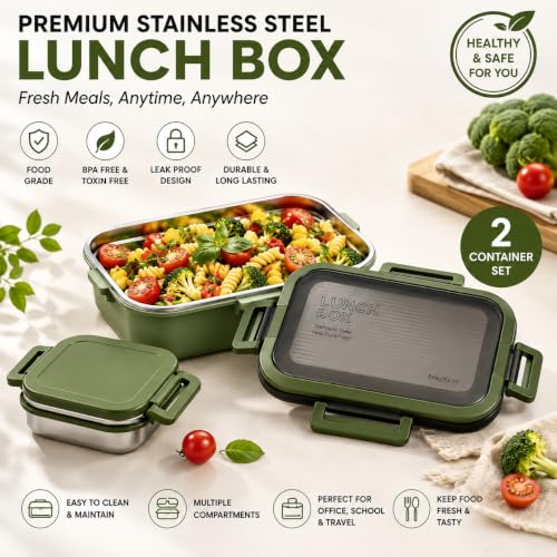 Image of MARKWELL Stainless Steel Lunch Box 700ml + 200ml | Leak Resistant Tiffin Box with Mini Container | BPA Free Lunch Box for Office, School, College, Kids & Travel | Multicolor
