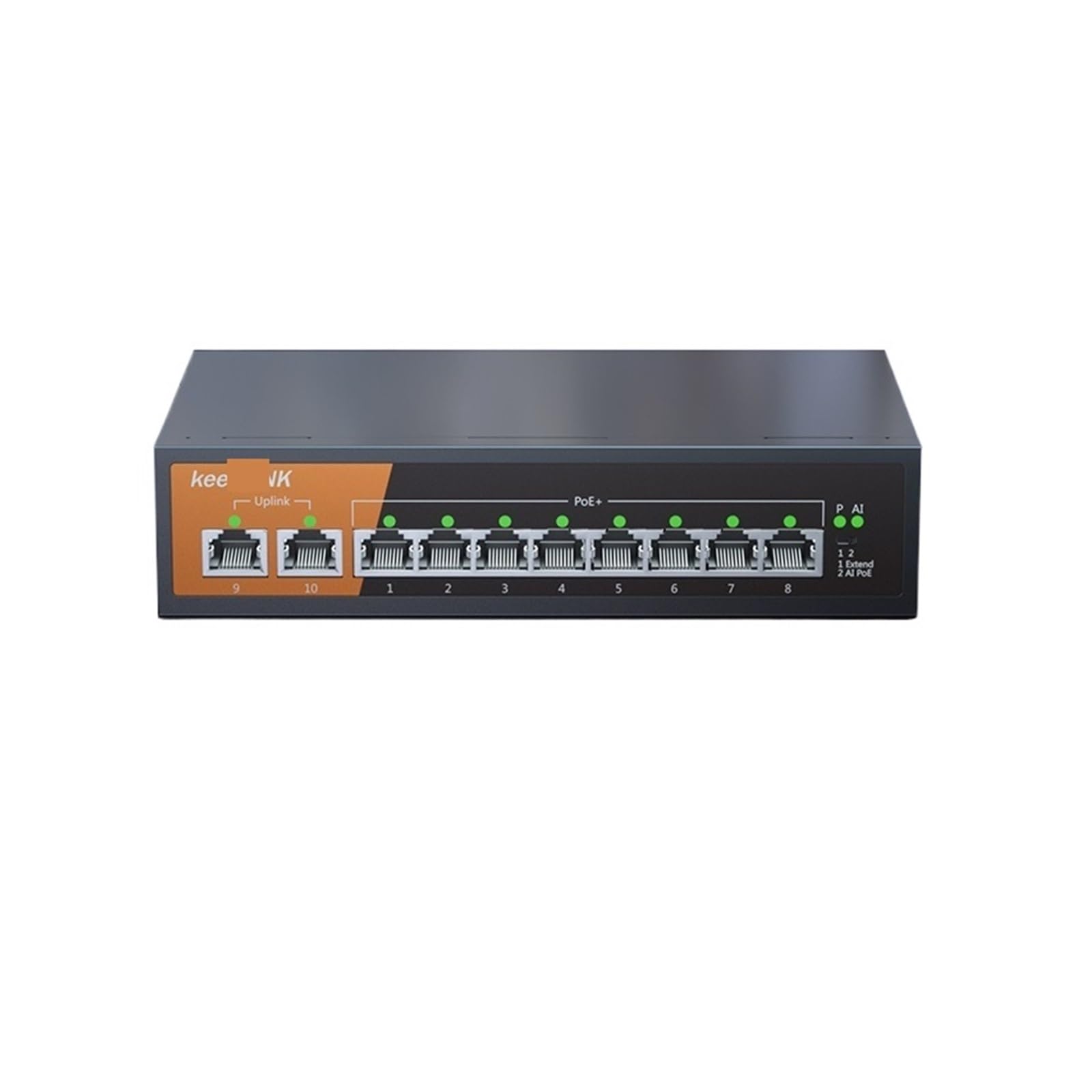 Switch Gigabit Ethernet a 10 porte con 8 porte PoE e 2-RJ45 in rame Uplink non gestito Plug and Play