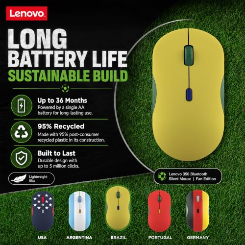 Image of Lenovo 350 Bluetooth Silent Mouse (Fan Edition), Wireless Ergonomic Ambidextrous Design, Bluetooth 5.3, Adjustable DPI up to 2400, 36 Month Battery Life, Recycled Materials, Brazil Flag