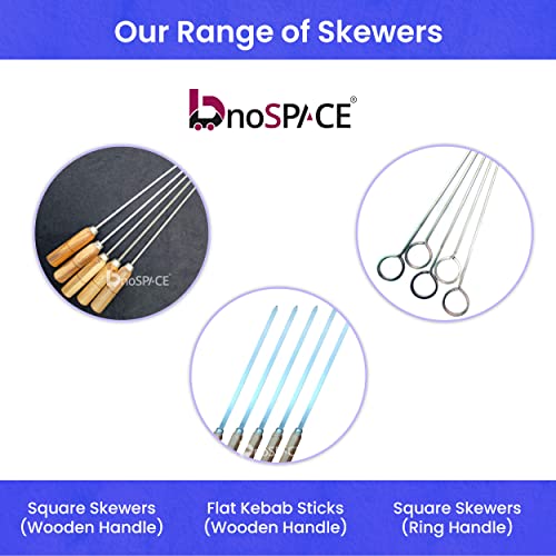 Image of 17 Inch Stainless Steel Square Barbeque Skewers with Wood Handle | BBQ Skewers Set | Reusable BBQ Sticks, Kabab Metal Grilling Skewer | Set of - 5 (BBQ Sticks Wood)