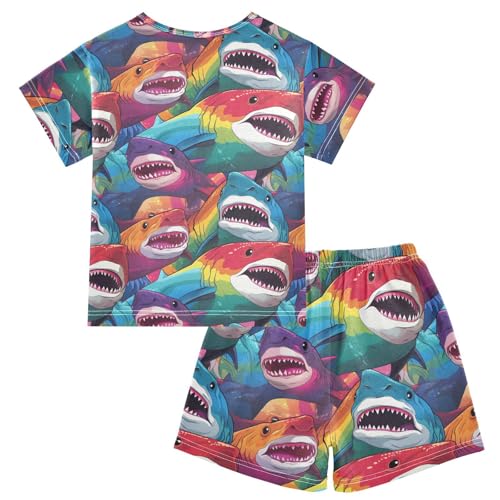 ALAZA Rainbow Color Sharks Pajama Set Short Sleeve Sleepwear Soft Lounge Nightwear2