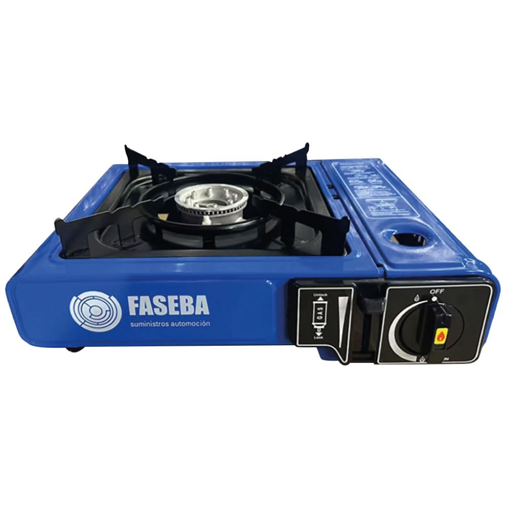 Hornillo camping gas portatil y 4 cartuchos de gas butano BTN 250 FASEBA. Cocina homologada, ideal para camping y uso en exteriores.