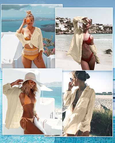 Image of CoCozy Bathing Suit Cover Ups for Women, Long Sleeve Swimwear Button Down Shirt Dress Swimsuit Bikini Beach Cover Up 2026
