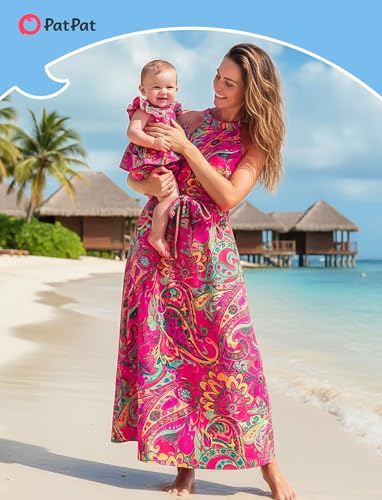 Image of PATPAT Family Hawaiian Matching Outfits - Mommy and Me Vacation Outfits | Halter Sundresses and Button Down Shirts,Caribbean Vacation Summer Tropical Outfits,Hawaiian Boho Tropical Floral Printed