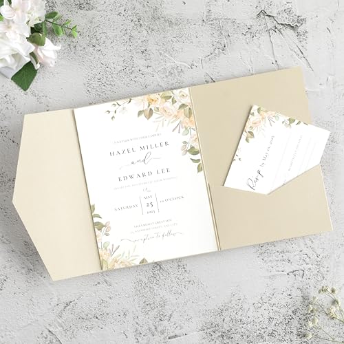 FEIYI 20 PCS Champagne Tri-fold Laser Cut Wedding Invitation Pockets