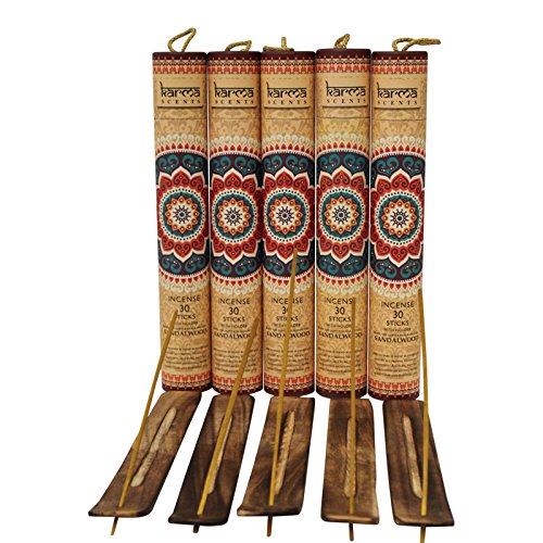 Karma Scents Premium Sandalwood Incense Sticks, 5 Set Gift Pack With A Free Holder In Each Box. Includes 150 Sticks And Five Incense Burners | Perfect For Home Decor And Gifts. #TOP1