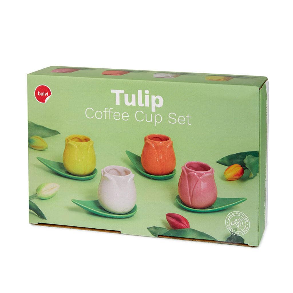 Balvi Set Tazas café Tulip Color Blanco/Amarillo/naraja/Rosa 4 Tazas con Forma de tulipán y 4 Platos