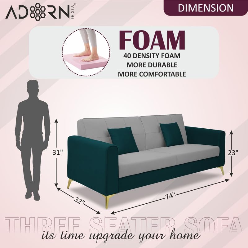 Image of Adorn India Premium Harlem 3 Seater Sofa | Velvet Suede Upholstery | 3-Year Warranty | Ocean Blue & Grey with Gold Legs & Cushion