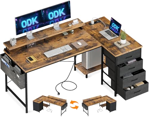 ODK Schreibtisch L Form Reversibel, 160x80x84.7cm Eckschreibtisch mit mit 4 Schubladen, Tisch L Form mit 2 USB Ladeanschluss&2 Steckdose, Schreibtisch mit Monitorablage für Homeoffice