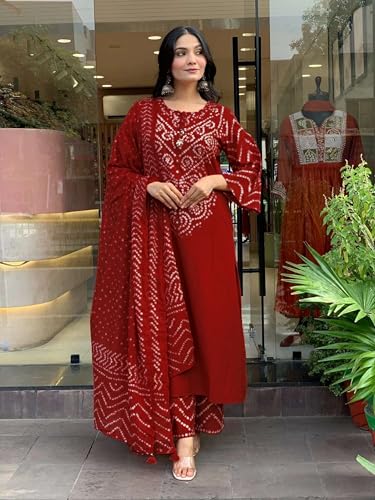 Image of GoSriKi Kurta Sets for Women Rayon Viscose Bandhani Printed | Kurti Set for Woman | Kurta Pant Dupatta Set | Straight Kurti | Round Neck 3 /4 Sleeve Suit Set for Women Stylish Ethnic Outfit