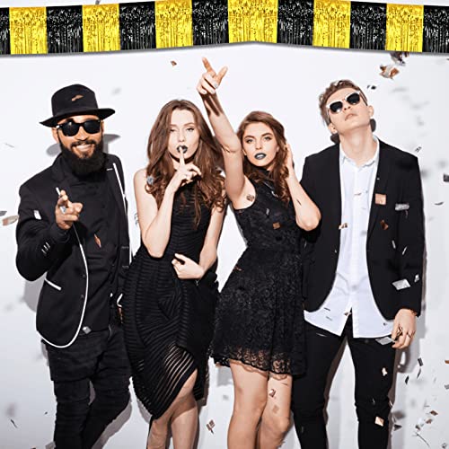 Image of 6 Pack 10 Feet Black Gold Foil Fringe Garland Metallic Tinsel Streamers Banner Wall Hanging Curtain Backdrop Banner for Parade Floats, Thanksgiving, Christmas, Birthday, Halloween Party Decorations