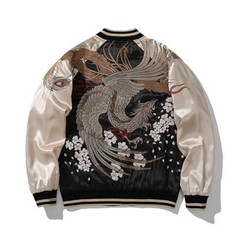 Phoenix Embroidery Men's Bomber Jacket Satin Japanese Style Streetwear Retro Windbreaker Coat for Spring Fall