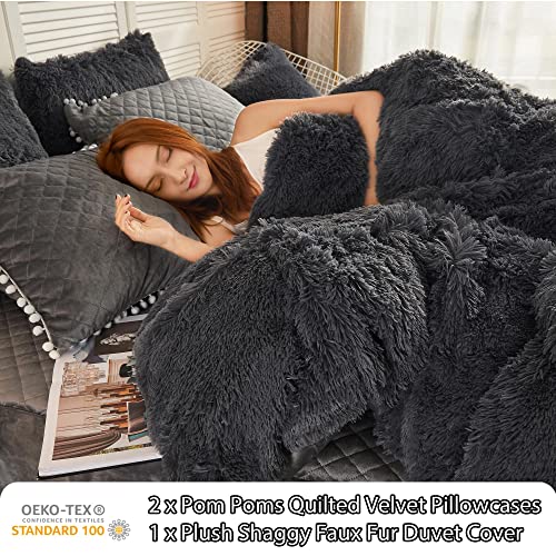 Image of LIFEREVO Luxury Plush Shaggy Duvet Cover Set (1 Faux Fur Duvet Cover + 2 Pompoms Fringe Pillow Shams) Solid, Zipper Closure (Queen, Dark Gray)