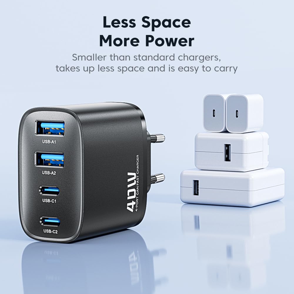 Caricatore USB C, 40 W, blocco di ricarica rapido con 4 porte, alimentatore doppio USB C e connettore QC per iPhone 16/15/14/13/12/11/Pro Max/XS/XR, iPad, Galaxy