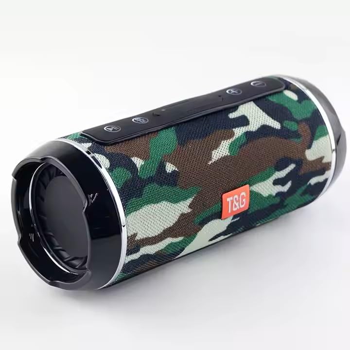 Vendopolis Altavoz Bluetooth Portátil TG116 – Reproductor MP3 con Radio FM, USB, MicroSD, Sonido Estéreo, Inalámbrico, Color Camuflaje – Ideal para Casa, Oficina o Exterior