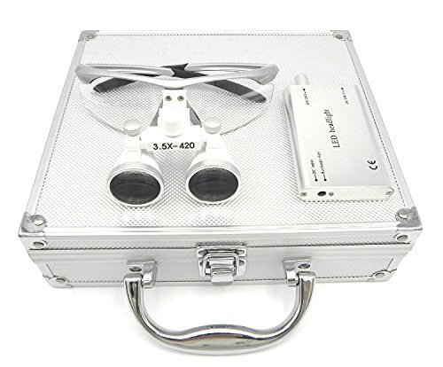 Aries Outlets YJ-0123467891012-l 3.5 x 420mm Working Distance Surgical Binocular Loupes Optical Glass with LED Head Light Lamp and Aluminum Box, Silver