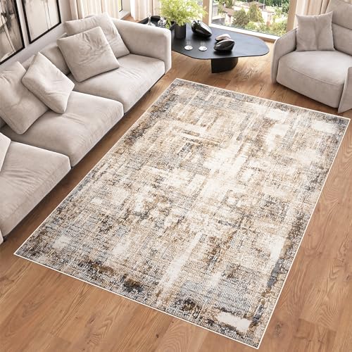 TAPISO Hera Tapis Poil Court Brillant Moderne Marron Gris Crème Motif Grec Géométrique Moucheté Effet 3D Tapis Salon Chambre Salle à Manger Oeko-TEX...
