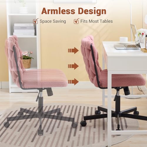 GarveeHome Criss Cross Chair with Wheels, Wide Seat Home Office Desk Chair, Armless Makeup Vanity Chair, Modern Cross Legged Swivel Comfy Chair, Computer Task Chair for Home Office, Pink