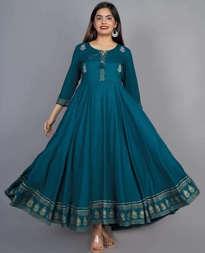 Image of Women's Rayon Golden Flroal Printed Anarkali Kurti