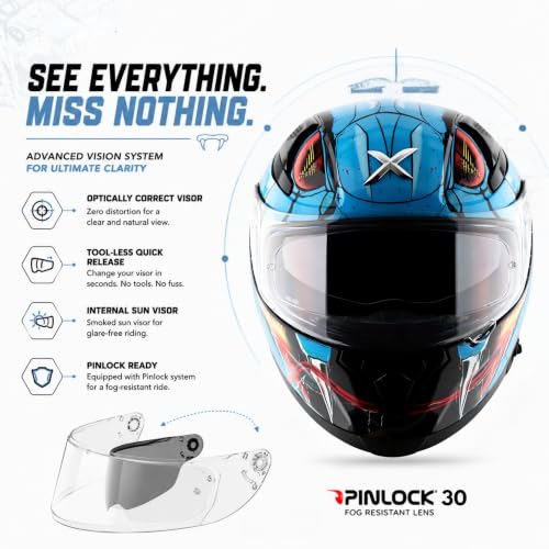 Image of Axor Apex Venomous ISI ECE DOT Certified Full Face Dual Visor Helmet for Men and Women with Pinlock Fitted Outer Clear Visor and Inner Smoke Sun Visor Black Neon Blue(XL)