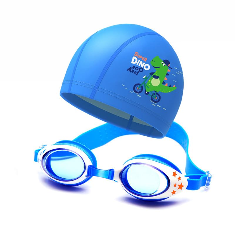 Dinosaur Swimming Gear, Dinosaur Swim Goggles Silicone Swim Cap Set, UV Protection Adjustable Swimming Goggles Stretchable Swim Hat, Pool and Beach Gear