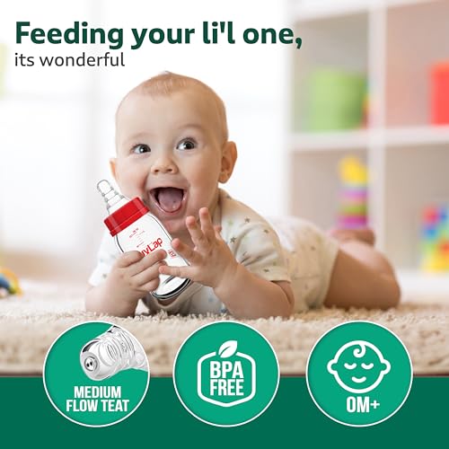 Image of LuvLap Natura Flo Wide Neck Glass Feeding Bottle, New Born /Infants /Toddler Upto 3 Years, BPA Free, Ergonomic Shape is Easy to Hold, with Anti Colic Nipple, Pack of 10, 150ml