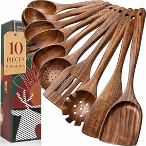 BOKALAKA 10 Pcs Natural Teak Wooden Cooking Utensils Set – Kitchen Spatulas and Spoons for Cooking