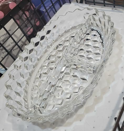 Vintage Crystal Divided Serving Dish, Oval Shape, Diamond Pattern, Clear Glass