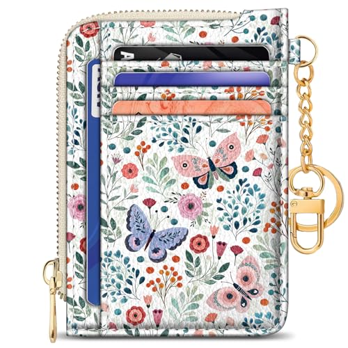 Image of Giancomics Slim Wallet Credit Card Holder Women, Butterfly Flowers Rfid Blocking Small Card Case, Keychain Thin Pocket Curved Zipper Wallet, Travel Card Holder PU Leather ID Window, Ladies Female Gift