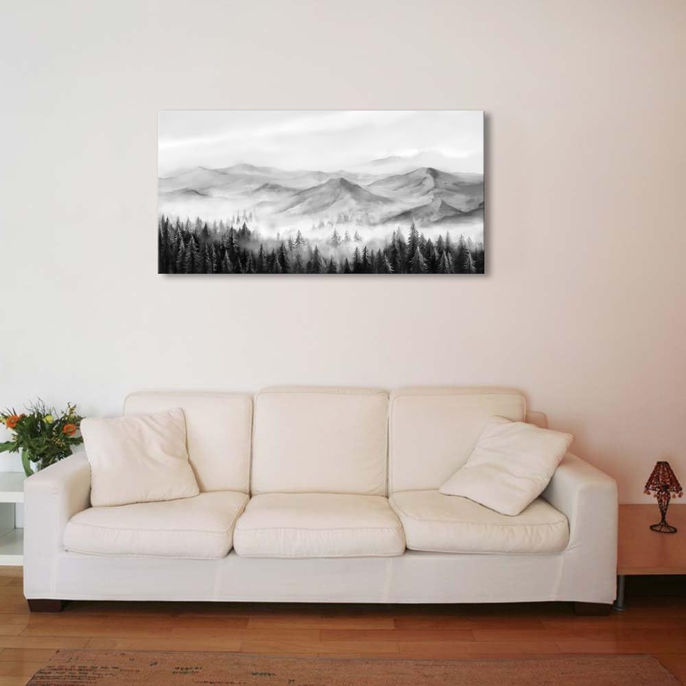 Amazon.co.jp: 霧の森 キャンバスウォールアート 白黒風景画 霧の山