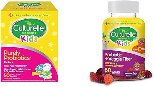 Culturelle Probióticos infantiles para la salud inmune y digestiva, 50 paquetes + 60 probióticos diarios de gomitas de fibra vegetal con sabor a