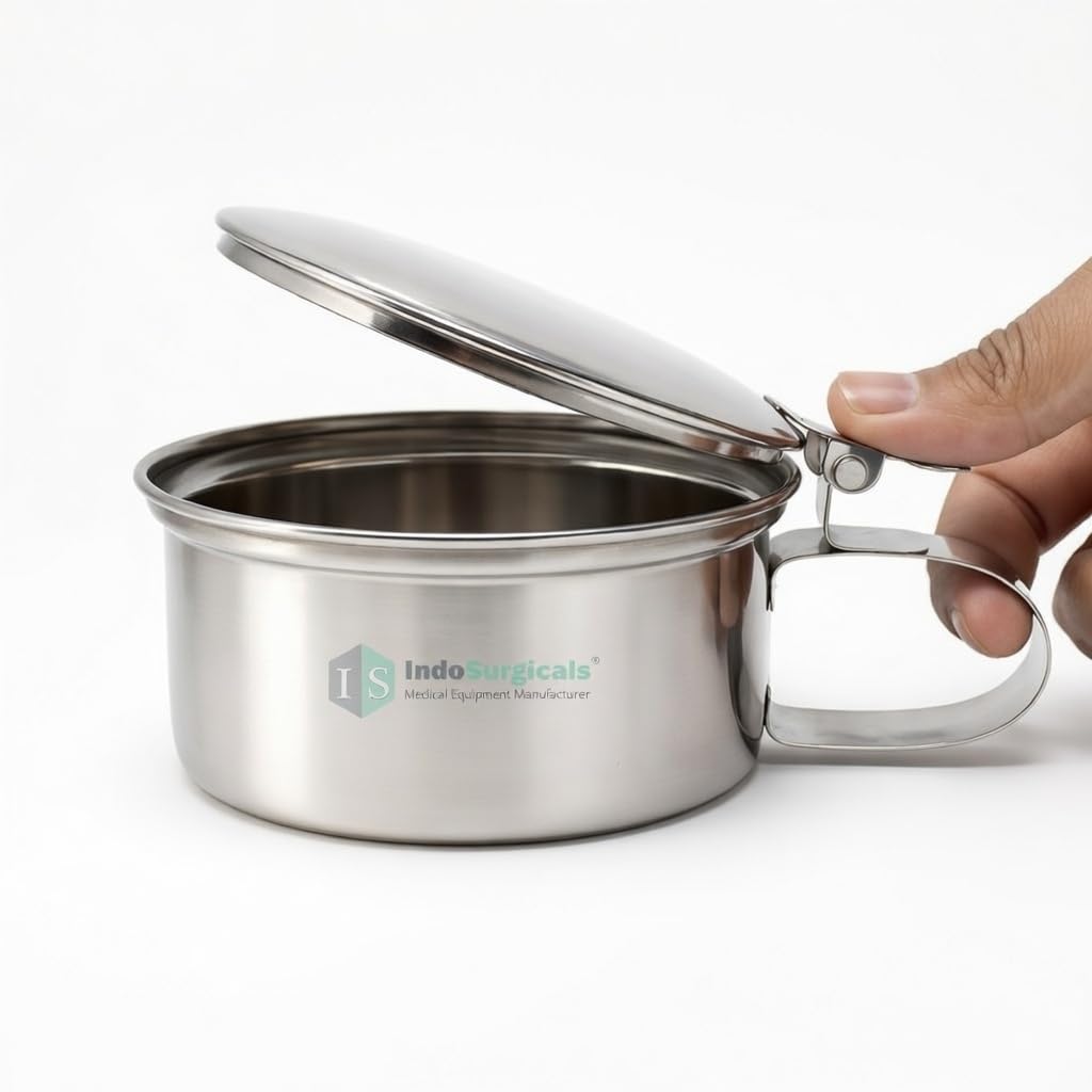 IS IndoSurgicals Stainless Steel Sputum Mug with Cover, Heavy, 0.35 Liter