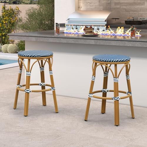 Image of PURPLE LEAF Outdoor French Round 30 inch Bar Stool Set of 2 Oversized Backless Stackable Bar Chairs with Rattan Wicker Bamboo Print Aluminum Frame for Patio Island Poolside Bistro Deep Blue