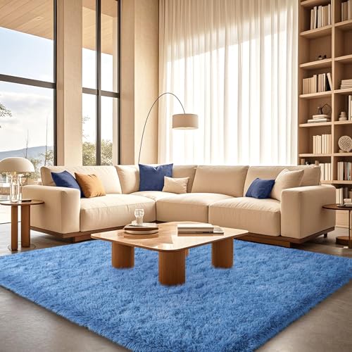 Large Blue Fluffy Rugs for Living Room 8x10 ft - Ultra Soft Faux Fur Area Rug - Plush Non-Slip Shaggy Carpet for Bedroom, Kids Boys Girls Dorm Nursery Room