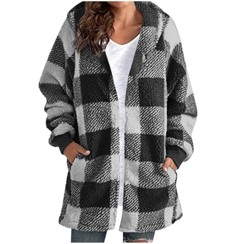 Fleece Jacket Women Trendy Plaid Long Sleeve Fuzzy Hooded Jackets Lightweight Warm Sherpa Winter Fall Coats