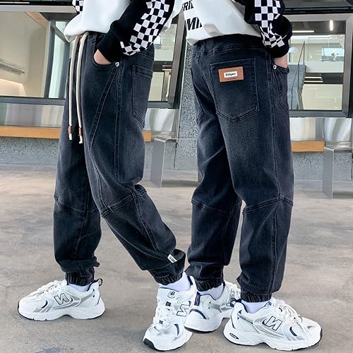 Kids Boy Casual Washed Cotton Elastic Waist Cargo Jogger Denim Jeans Pants with Pockets 6-16Years2