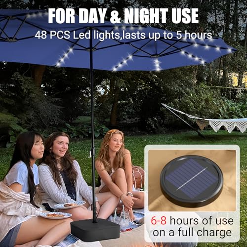 LEVELEVE 15FT Large Patio Patio Umbrella with Base & Solar LED Lights - Double-Sided,Blue