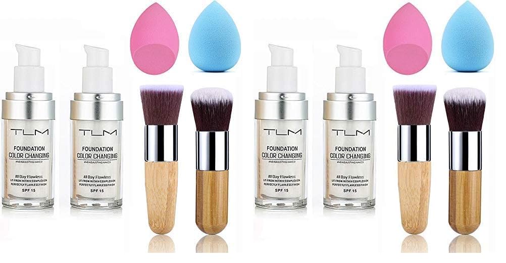 2pcs TLM Color Changing Foundation Liquid with 2 Brushes and 2 Cosmetics Sponge Flawless Full Coverage Natural Color Face Primer Base Makeup 30ml (Pack of 2)