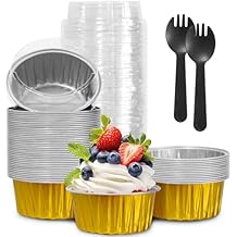 Graduation Party 50Pcs Mini Aluminum Foil Cupcake,5oz Baking Cups with Lids,Mini Cake Pans Disposable,Loaf Pans with Lids,Disposable Ramekins,Tin Cups Containers for Cupcake,Pudding,Muffin Gold
