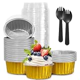 Graduation Party 50Pcs Mini Aluminum Foil Cupcake,5oz Baking Cups with Lids,Mini Cake Pans Disposable,Loaf Pans with Lids,Disposable Ramekins,Tin Cups Containers for Cupcake,Pudding,Muffin (Gold)