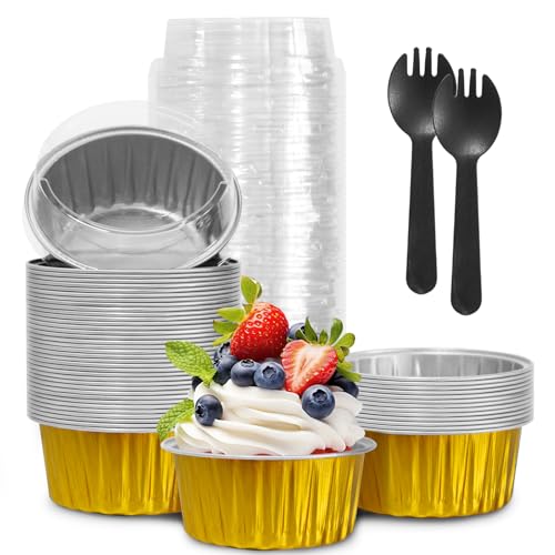 Graduation Party 50Pcs Mini Aluminum Foil Cupcake,5oz Baking Cups with Lids,Mini Cake Pans Disposable,Loaf Pans with Lids,Disposable Ramekins,Tin Cups Containers for Cupcake,Pudding,Muffin (Gold)