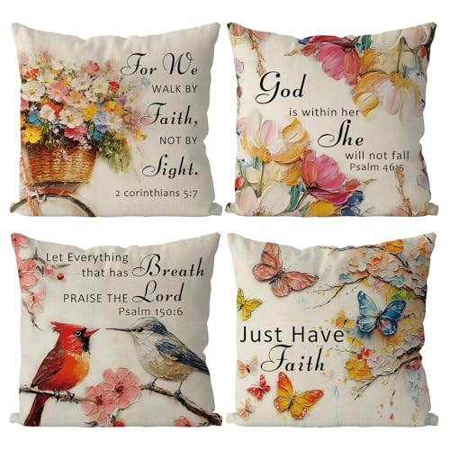 QIONG MENG Jesus Christian Pillow Covers 18 x 18 Inch Set of 4 Cardinal Butterfly Throw Pillowcase Floral Religious Decorative Pillowcase Cushion Case for Home Sofa Farmhouse Decorations