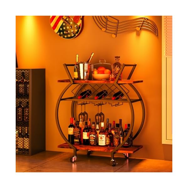 Bar carts 2 tiers rolling home serving cart with wine rack and wheelsmodern rustic brown metal round wine cartindustrial mobile storage kitchen trolley for kitchen bar living room  urban country home decor