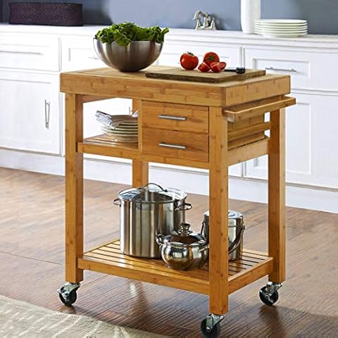 Home Aesthetics Rolling Kitchen Island Cart with Drawers Shelves, Towel Rack, Locking Casters, Butcher Block Food Prepping Cart Trolley on Wheels, Bamboo Wood Cover