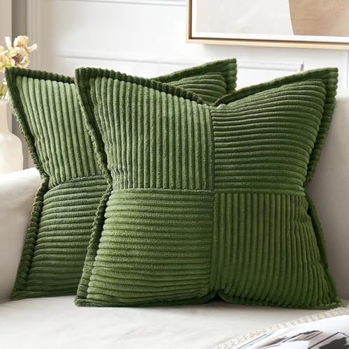 Image of MIULEE Spring Decorative Throw Pillow Covers for Couch Bed Livingroom 18x18 Inch Set of 2 Moss Green Boho Accent Throw Pllows Broadside Striped Patchwork Soft Corduroy Summer Pillowcases