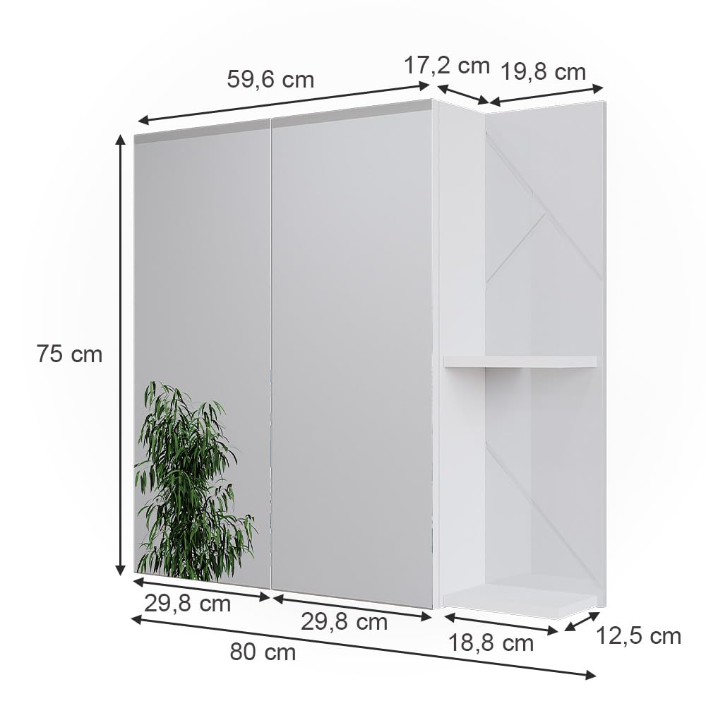 Vicco Mobile a specchio per il bagno Irma, Bianco/bianco lucido, 80 x 75 cm, per montaggio a parete con ripiani aperti e specchio