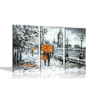 Couple With Orange Umbrella in London Canvas Prints Modern Romantic Pictures For Home Office Livingroom Framed 3 Piece Artwork XL 86x45cm x 3 (34x18\"x3)