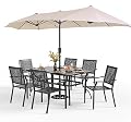 PHI VILLA 7 Pieces Patio Dining Set for 6 with 13ft Large Patio Umbrella, Metal Outdoor Stackable Wrought Iron Chair Set of 6 & 60"X38" Metal Dining Table,Market Table Beige Umbrella