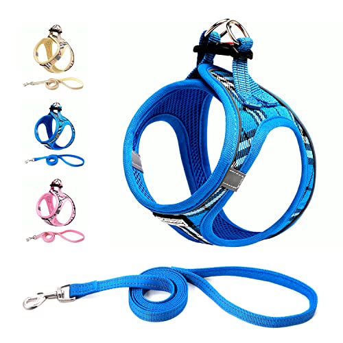 Suredoo Dog Harness and Lead Set, Step-in Breathable Reflective Puppy Cat Dog Vest Harnesses for Small Medium Dogs (Blue Plaid, XL)