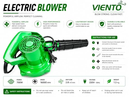 Image of 700W Electric Air Blower for Dust Cleaning High Speed Portable Handheld Air Blower with Extension Nozzle for PC Laptop Keyboard CPU Car Interior Home Office Workshop Cleaning (Green)